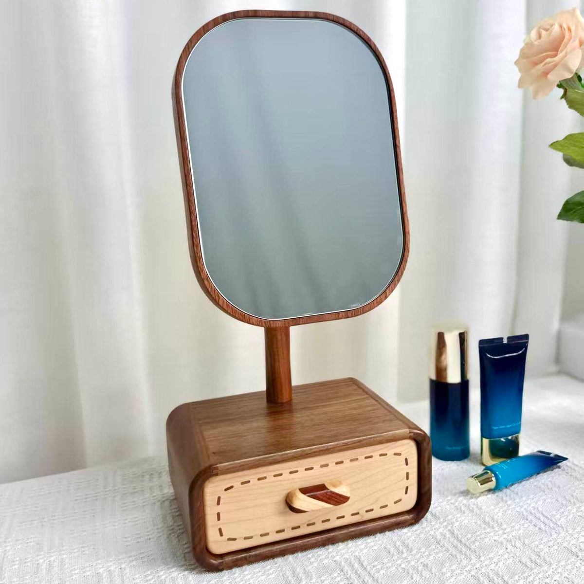 Iris Solid Walnut Rotating Tabletop Mirror with Drawer