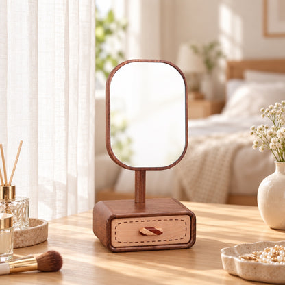 Iris Solid Walnut Rotating Tabletop Mirror with Drawer