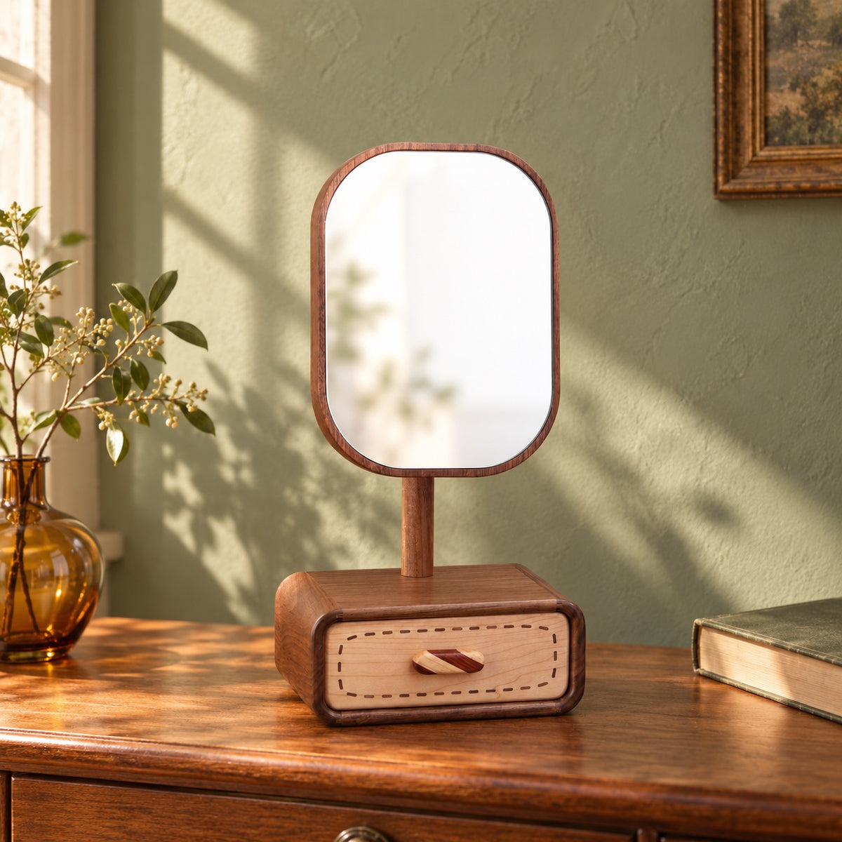 Iris Solid Walnut Rotating Tabletop Mirror with Drawer