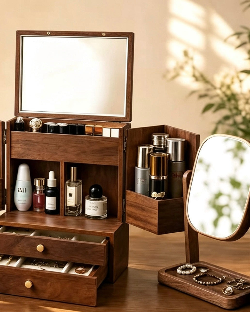 A wooden makeup organizer set displayed on a table, featuring a large open trunk-style case with drawers, mirror, and side compartments, alongside smaller matching cases and a vanity mirror. The scene is styled with warm sunlight and shadows, with decorative plants in the background.