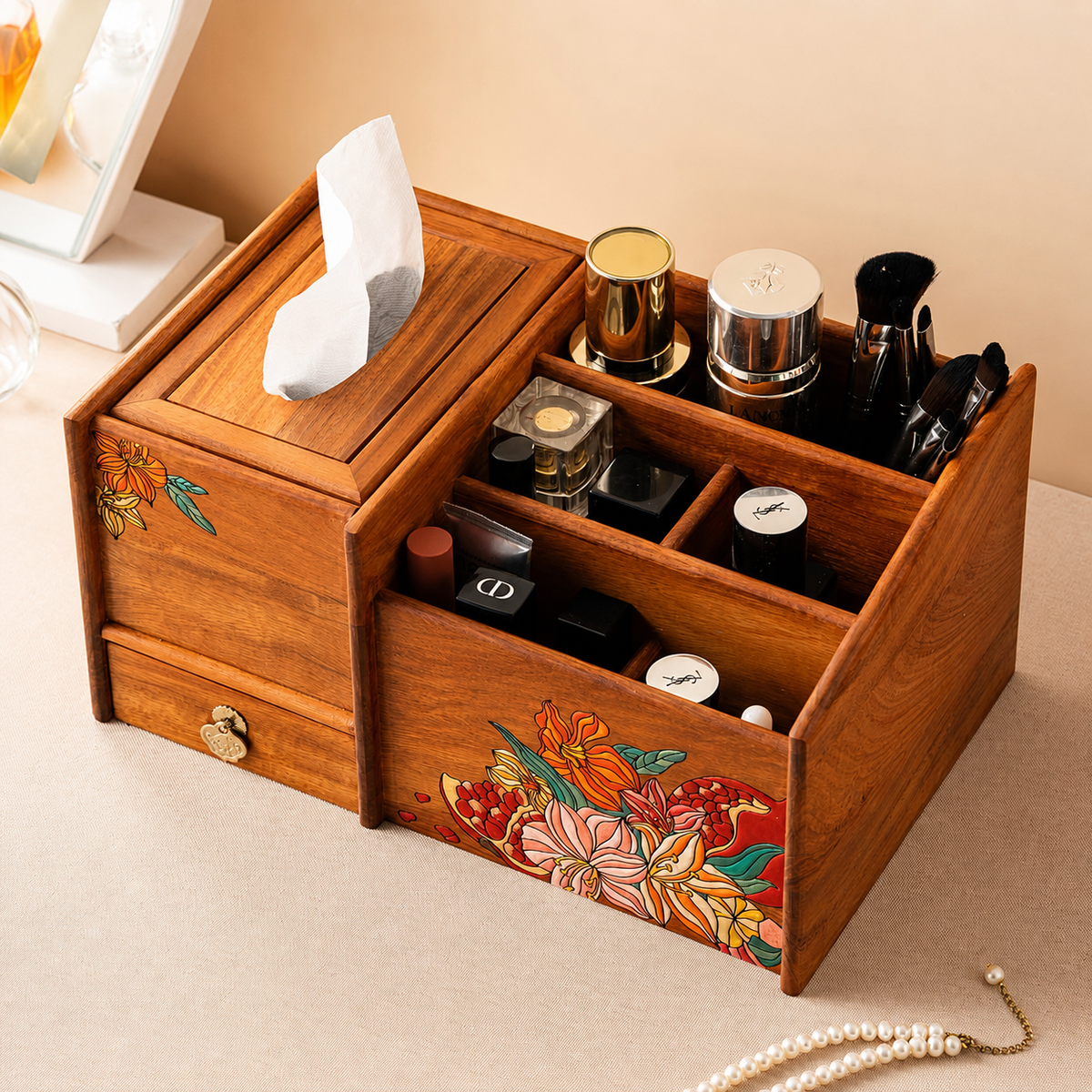 Lilia Hand-Painted Makeup Organizer with Tissue Box